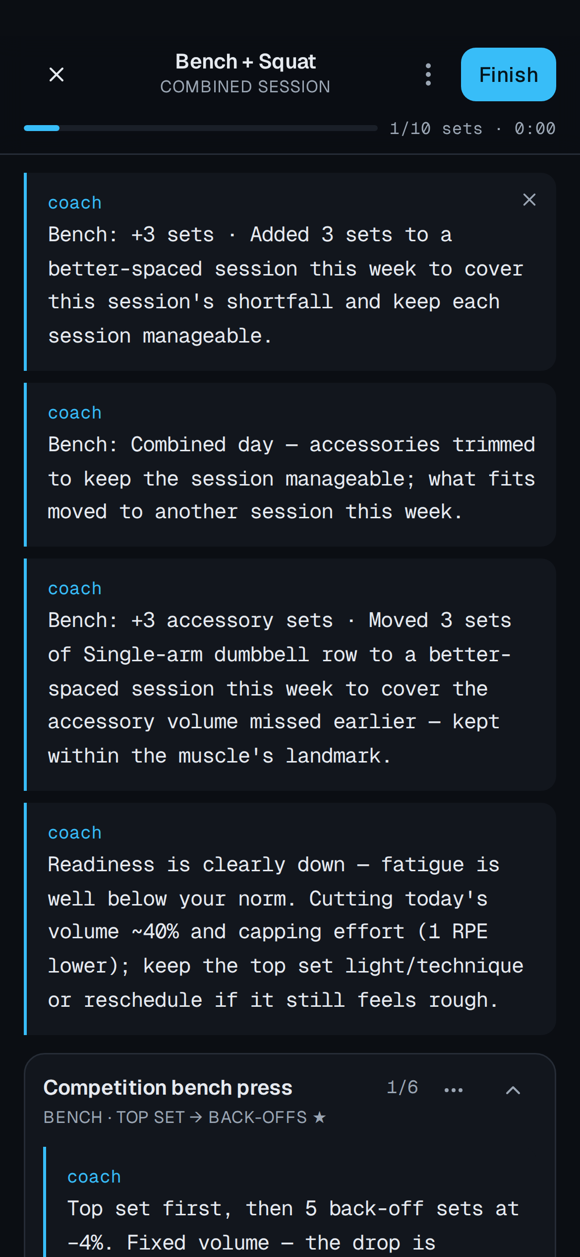 A coach block in the app explaining a readiness-driven cut: the back-off sets were dropped and the top set kept, with the reason written out.