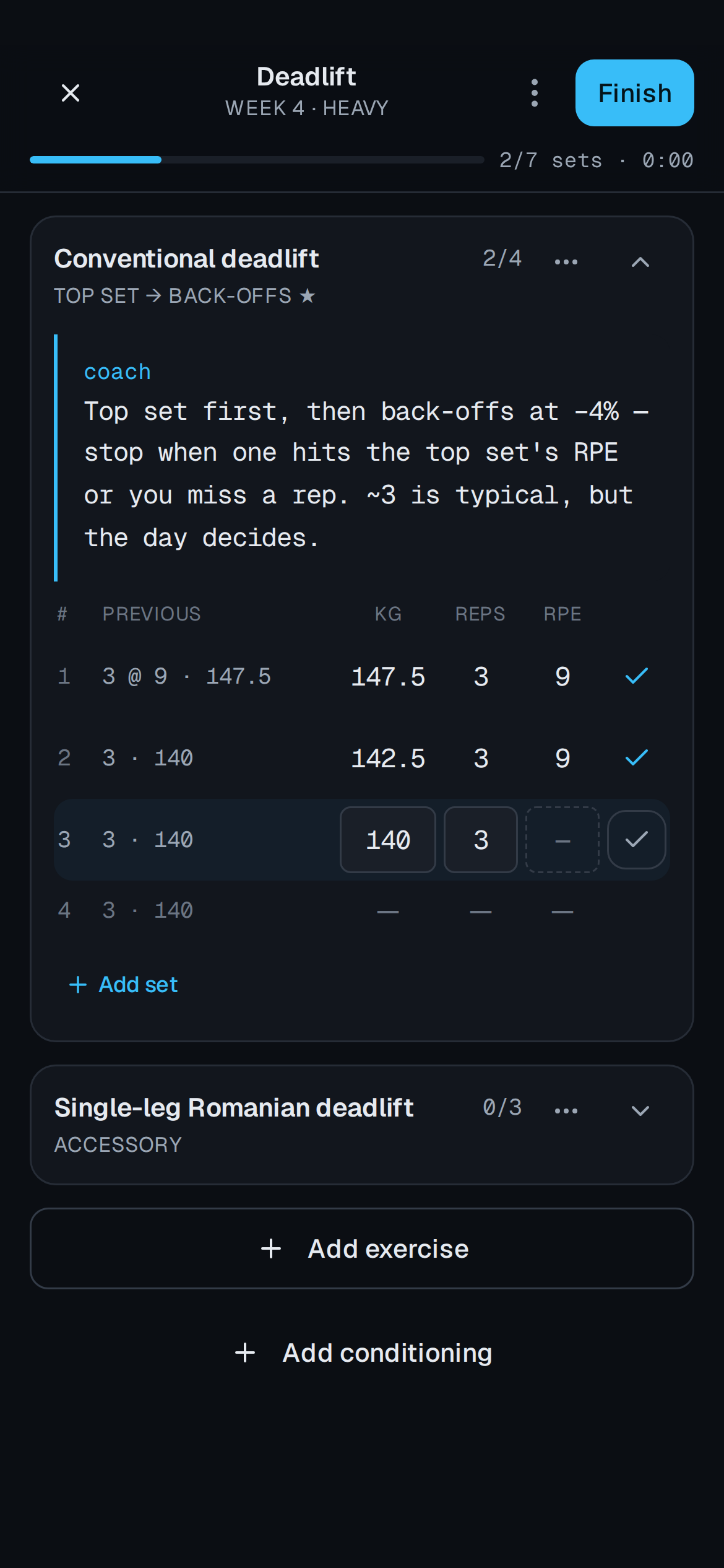 The logger mid-session: a set table with target load and reps per row, one set already logged, and the effort-rating sheet open.