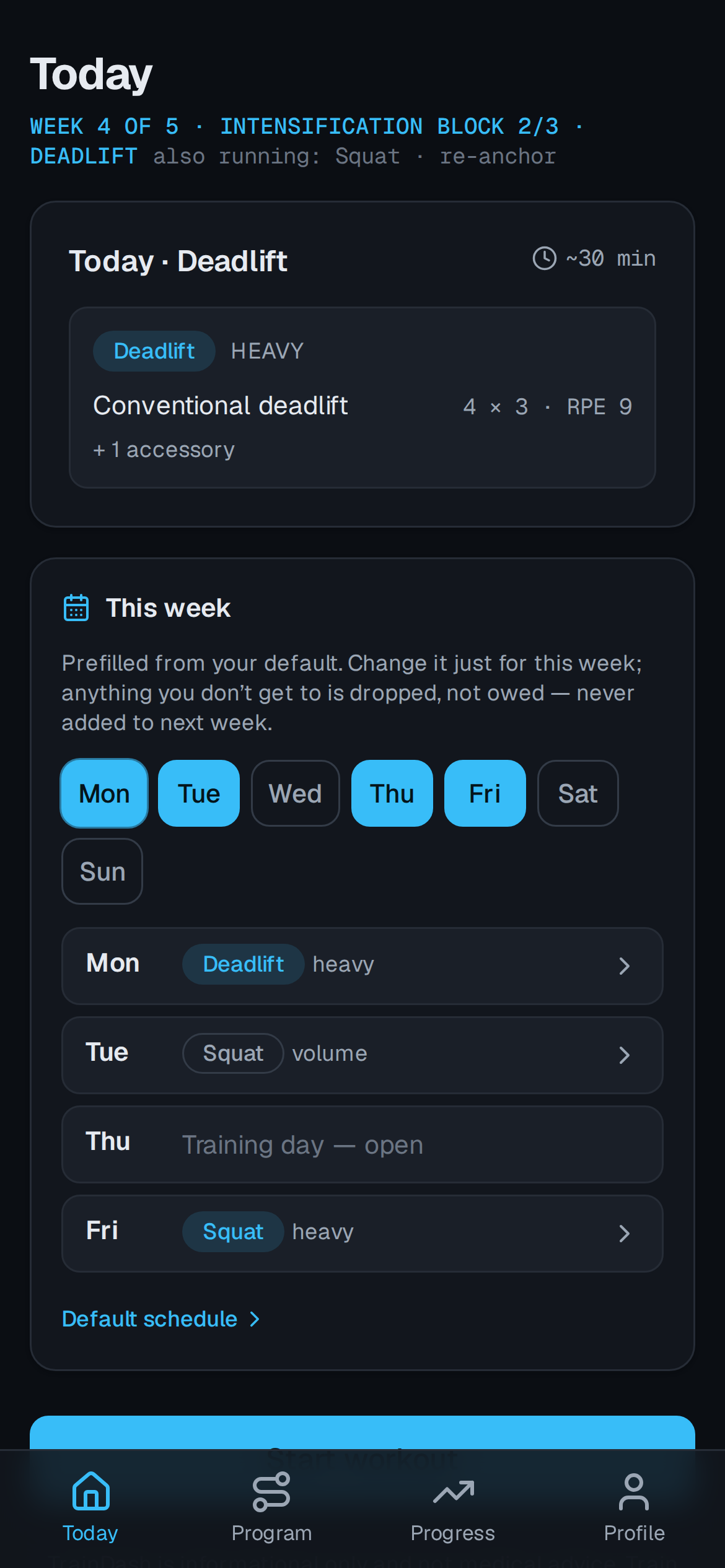 The Today screen on a phone: today's session card with the prescribed sets, loads and target RPE, above the week's schedule.